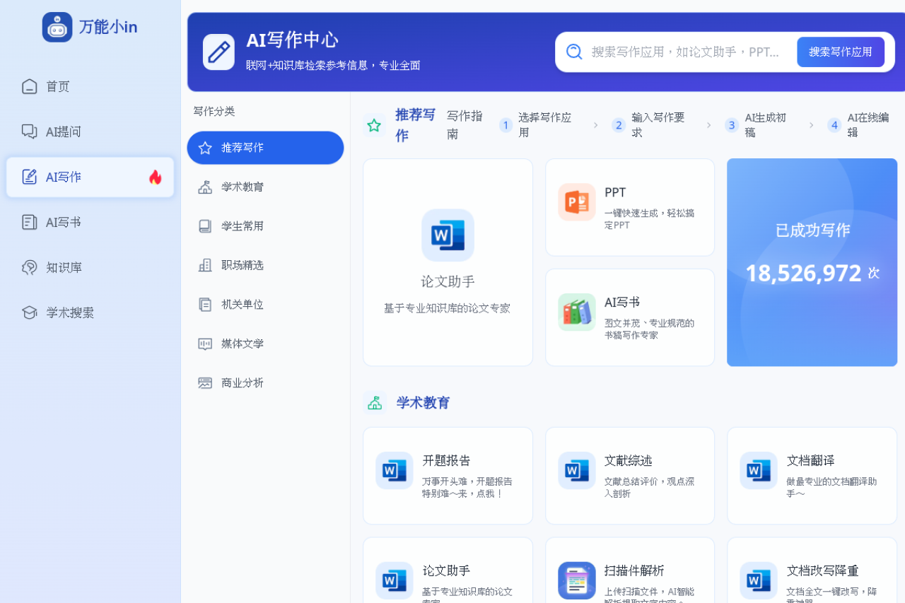 万能小in-AI智能写作系统 网站截图